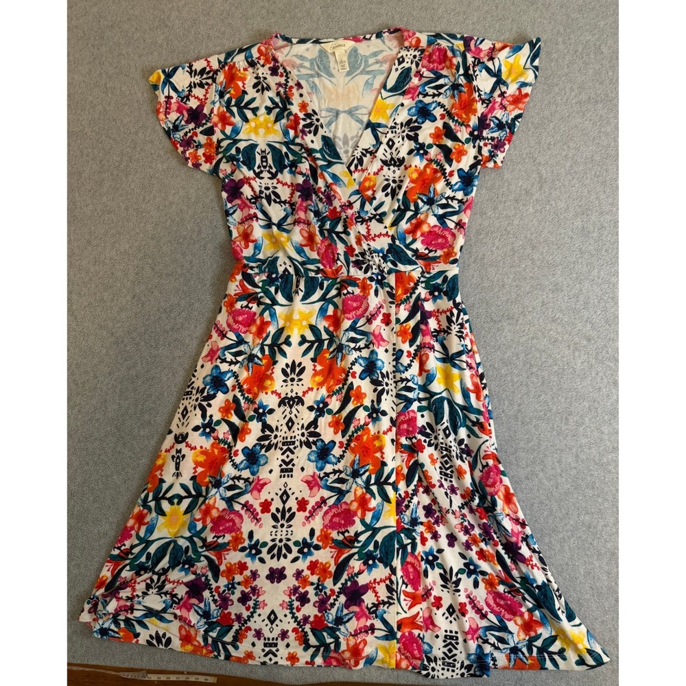 Soma Womens Multi Color Floral Faux Wrap V-Neck Knit A-Line Dress Small
